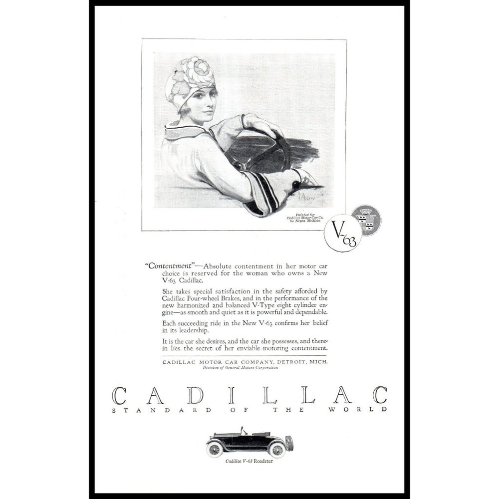 1924 Cadillac V-63 Antique Car Vintage Print Ad Woman Driver Flapper Hat Art